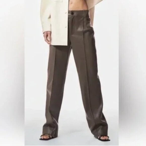 Zara | Taupe Francoise Straight Leg High-Waisted Faux Leather Trouser Pants | XS - Picture 3 of 16